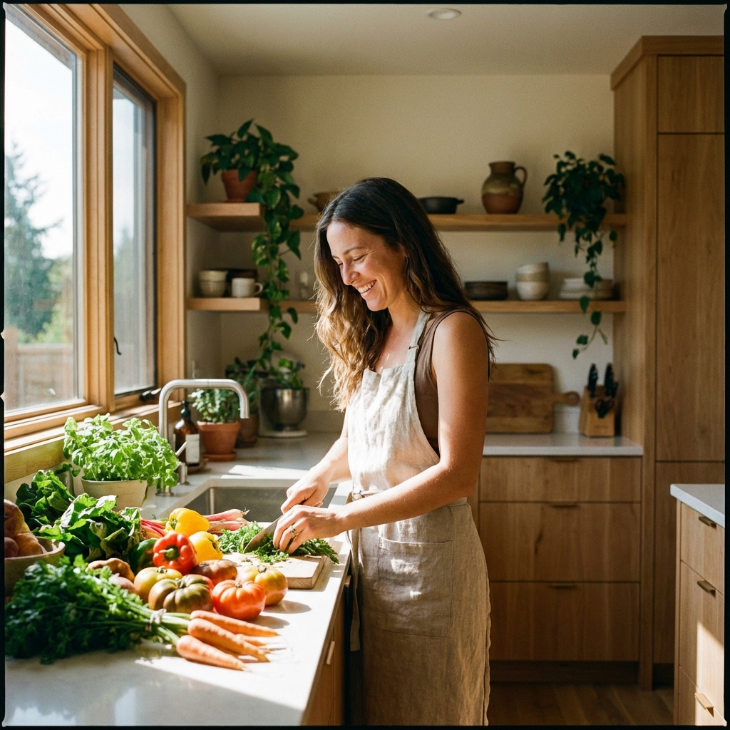 Person preparing fresh organic food in a sunny kitchen
